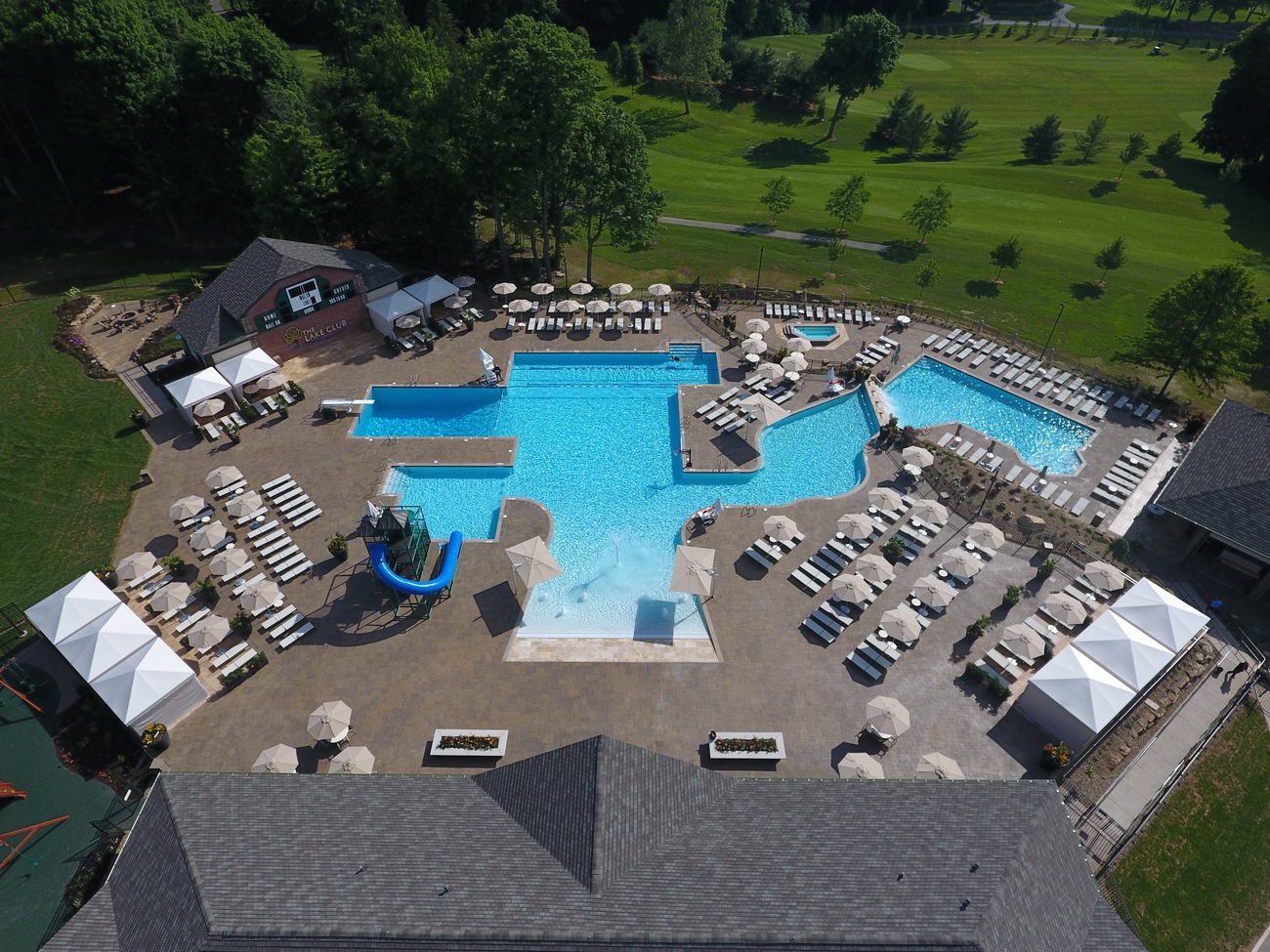 Aerial view of an outdoor commercial pool.