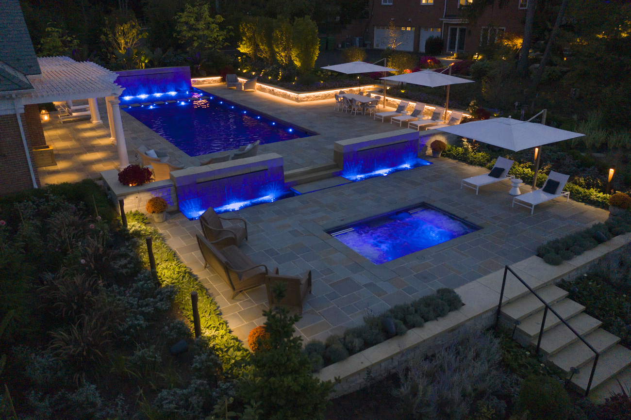 Aerial view of outdoor pool and matching fountains.