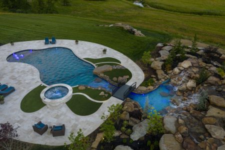 Aerial view of a residential freeform pool.
