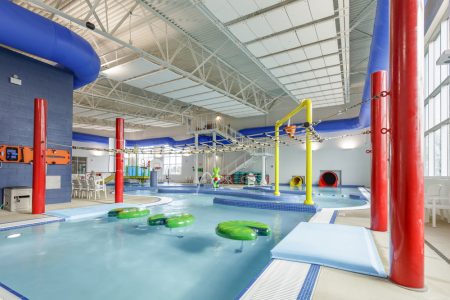 Lilipads installed in a large indoor swimming pool.