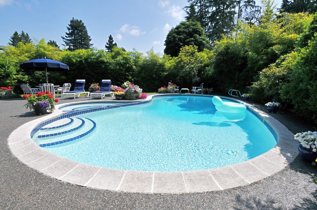 Serene backyard pool with curved steps, lush greenery, and relaxing lounge chairs.