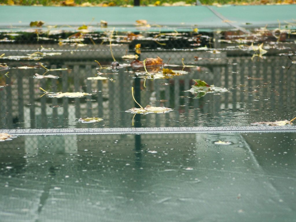 Wet pool cover with leaves and debris, highlighting importance of winter pool maintenance in Ohio.